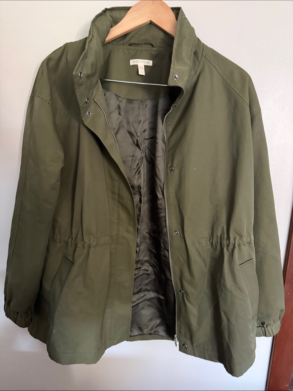 Eileen Fisher Military Olive Drawstring Waist Jacket